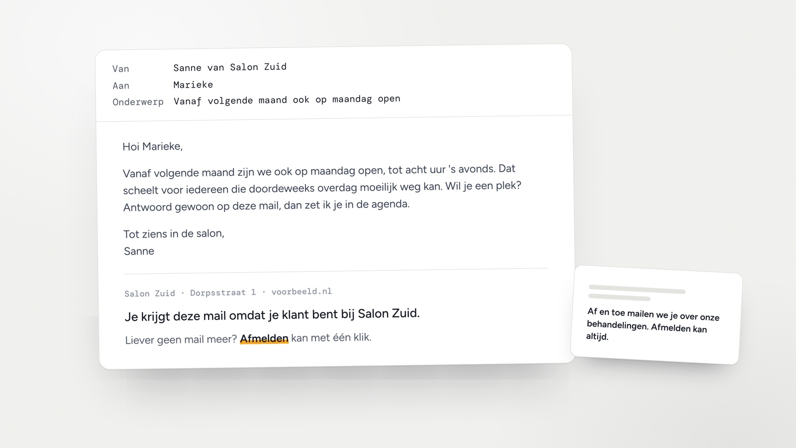 Een klantmail van een kapsalon met daaronder de voet: de zin waarom je hem krijgt, omdat je klant bent, en de afmeldlink. Ernaast de zin die op de bon staat: af en toe mailen we je, afmelden kan altijd.
