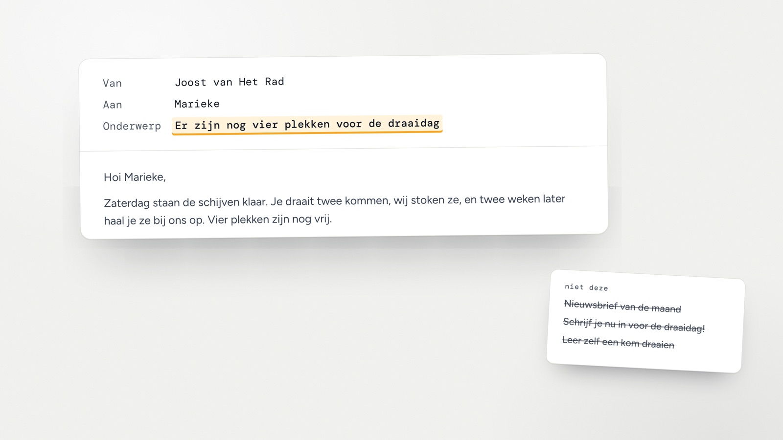 Een mail van Joost van Het Rad van dichtbij, met de gekozen onderwerpregel over de draaidag in amber en op een kaartje ernaast drie doorgestreepte alternatieven.