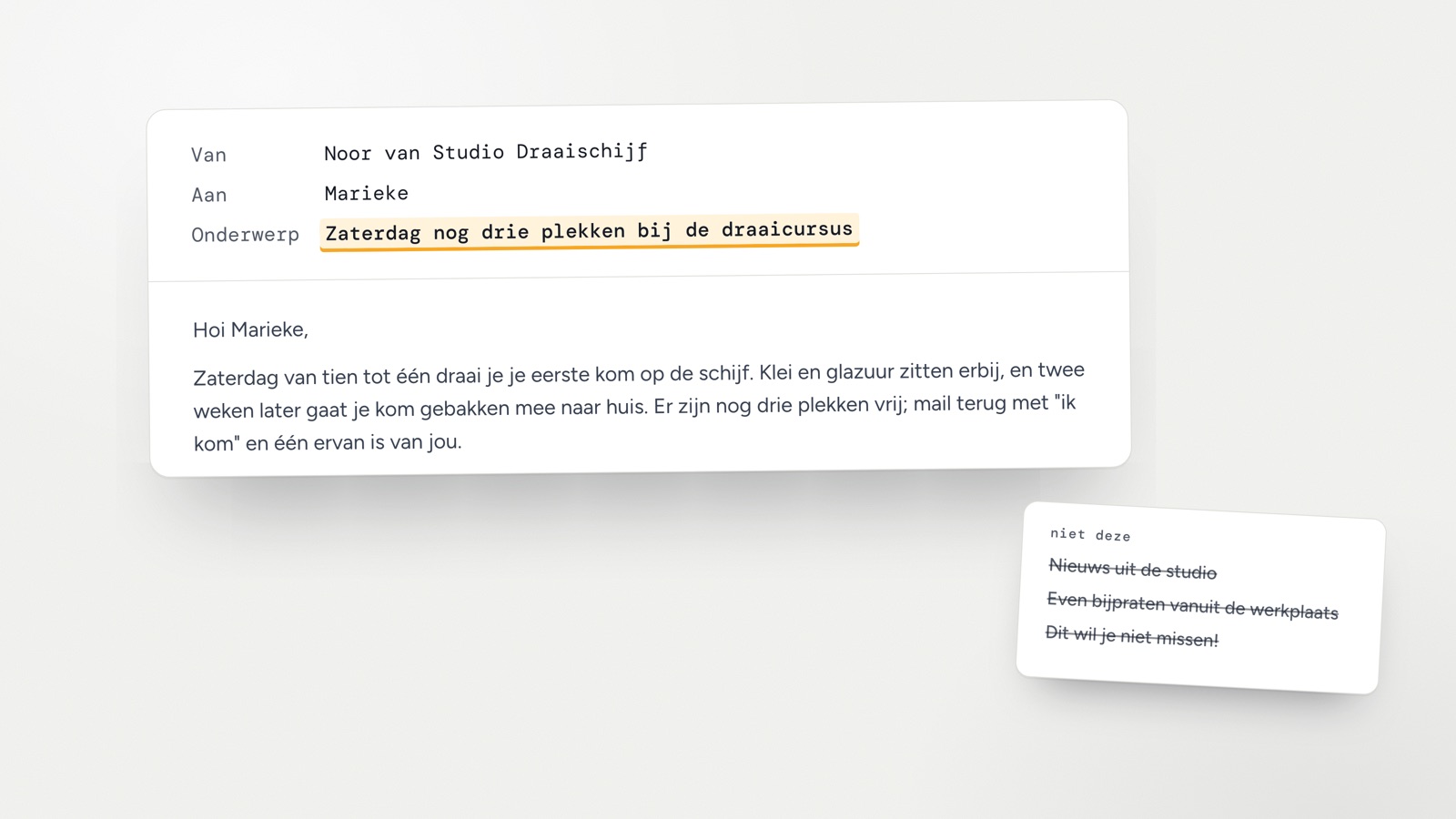 Een mail van een keramiekstudio van dichtbij, met de onderwerpregel over de drie vrije plekken bij de draaicursus in amber, en ernaast drie doorgestreepte vage alternatieven.
