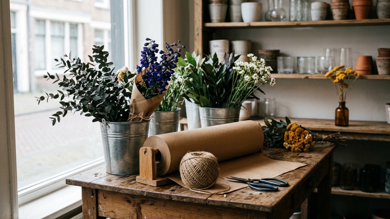 De werktafel van een kleine bloemenzaak in de ochtend, met emmers vol net bezorgde bloemen, bruin papier, touw en een schaar.