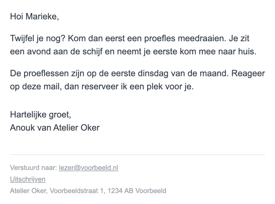 Derde mail: een uitnodiging voor een proefles.